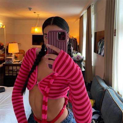 China QUICK DRY Skinny Hollow Knitted Striped Halter Sweater V-Neck Long Sleeve Bandage Crop Top For Women for sale