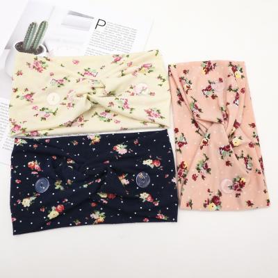 China Popular fashion floral print nurse ear saver headband, yoga stretch head wrap, bouquet print tank top headband with buttons for sale