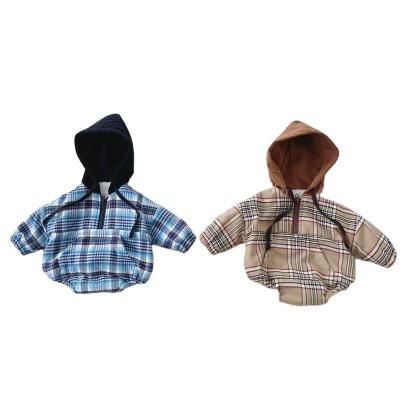 China 100% Cotton High Fashion Baby Romper Infant Retro Plaid Thickened Hooded Sweater Jumpsuit 3984 for sale