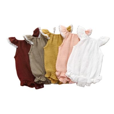 China 100% Cotton Summer Chiffon Lace Sleeves Soft Touch Onesie Baby Girl Romper Ruffle Solid Ruffle Folds Feet Jumpsuit for sale