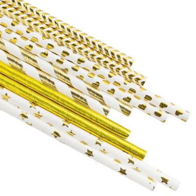 China 100 Pieces 200mm x 6mm Gold Foil Straw Decor Bulk Biodegradable Straw Decor Bulk Golden Glitter Striped Gold Glitter Paper for sale