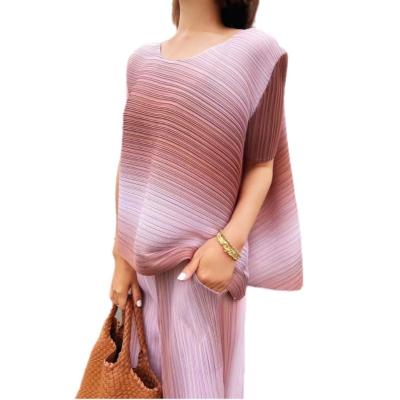 China Solid color miyake pleated top Sailor Collar two piece sleeve suit 2023 summer ladies blouses women anti-static clothing for women for sale