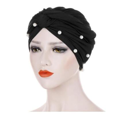 China Keeping Warm Muslim Women Bead Head Chemo Beanies Scarf Hat Turban Cotton Wrap Head Hair Accessories Banadans Hijab Cross Hood Headwear for sale