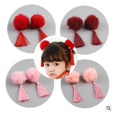 China Fashional Lovely Rex Rabbit Chinese Traditional High Quality Baby Hairpin Girls Fur Tassels Headed Pairs Hairpin For Cheongsam Accessories for sale