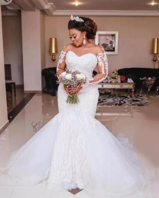 China FA188 Mermaid Wedding Dress Breathable Luxury Heavy Beading Long Sleeve Appliques African Beads Wedding Dresses Plus Size for sale