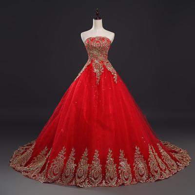 China NE279 Breathable Cheap Vintage Lace Up Red With Gold Lace Wedding Dresses Long Train Plus Size Ball Gown for sale