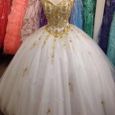 China New Breathable NE273 White and Gold Lace Appliques Ball Gown Bridal Wedding Dress Princess Custom Made Custom Size Women Gowns for sale