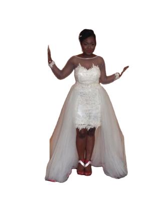 China NE178 Cheap Breathable Sheath Long Sleeves Lace Up Detachable Short Backless Knee Length Applique Wedding Dress African Wedding Dresses for sale