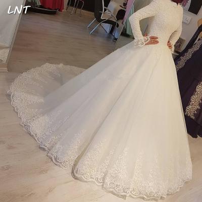 China FA176 Breathable Modest Muslim Wedding Dresses Long Sheath Back Ball Gown Design High Neck Corset Bridal Gowns For Bride 2022 for sale