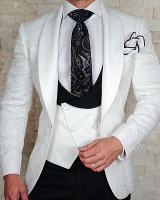 China HD191 Breathable Men Suits White Groom Tuxedos Shawl Satin Lapel Groomsmen Wedding Best Man (Jacket+Pants+Vest) for sale