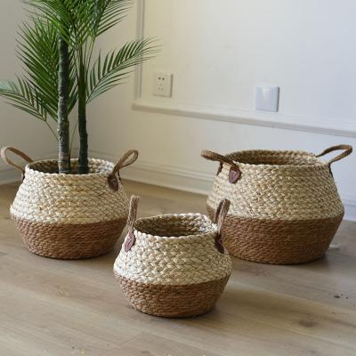 China Foldable Straw Garden Wicker Rattan Seagrass Belly Flower Pot Plant Basket Pastoral Handmade Storage Baskets for sale