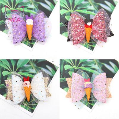 China Baby Decoration Kids Summer Sparkle Gauze Ice Cream Hair Bow Hairpins Baby Hair Accessories Tiaras for sale