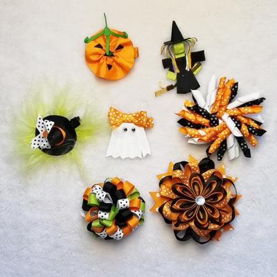 China Fashion Boutique Halloween Hair Bow with Clips for Kids Pumpkin Hair Bow Halloween Hair Accessories for sale