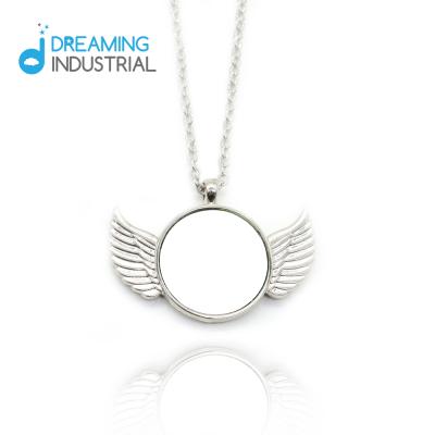 China Cute Sublimation Necklace Round Shape Silver Necklace With Angel Wings for sale