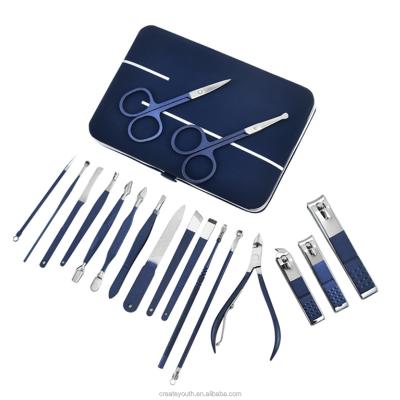 China Lady Foot Beauty Makeup Tool Amazon Success 18 Pcs Stainless Steel Blue Manicure Set for sale