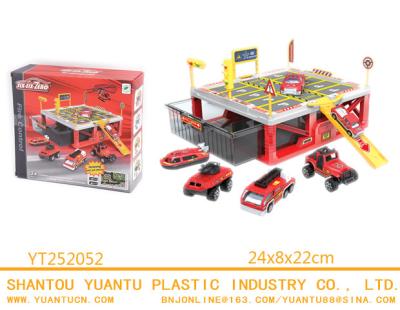 China Pull Back Toy Fire Fighting Station Garage Hex Car Parking Toy Set With Die Cast Aircraft Vehicles And Storage Box Card for sale