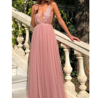 China Light Pink Sequins Beaded Formal V Neck Long Evening Dresses Anti-wrinkle Lace Sleeveless Evening Dress for sale