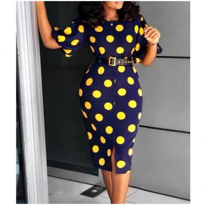 China Breathable Midi Slit Polka Dot Woman Clothing 2019 Yellow And Blue Dress With Pop Sleeves Office Dresses for sale