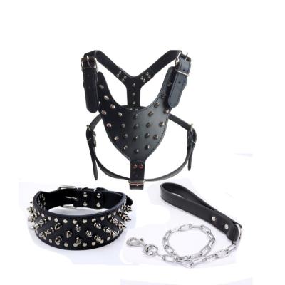 China Personalized Wholesale Custom Made Artificial Leather Pet Rivet Chest Collar Traction Rope Set of Three for sale