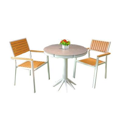 China Modern Aluminum Plastic Wood Outdoor Restoration Set of Contemporary Hotel Patio Dining Table and Chair Garden Furniture for sale