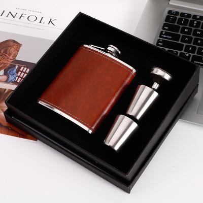 China Industrial Gift Box Packaging Stainless Steel Hip Flask Wine Bottle Liquor Flask Brown Color Alcohol Jar for sale