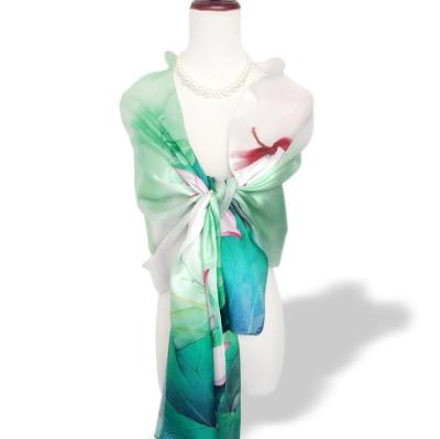 China ZP Soft Elegant Luxury Chinese Style Lotus Silk Satin Shawl Scarf Green Silk Wholesale for sale