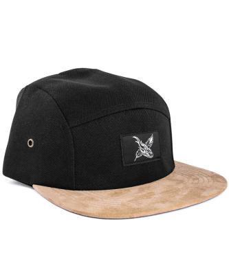 China JOINT Hot Sale 5 Panel Cotton Black Custom Snapback Hat With Suede Brim for sale