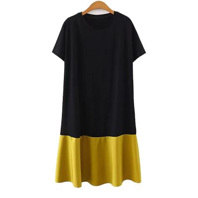 China Summer Breathable Fashion Casual Loose Round Collar Contrast Color Knee Length Short Round Sleeve Black And Yellow Dress for sale