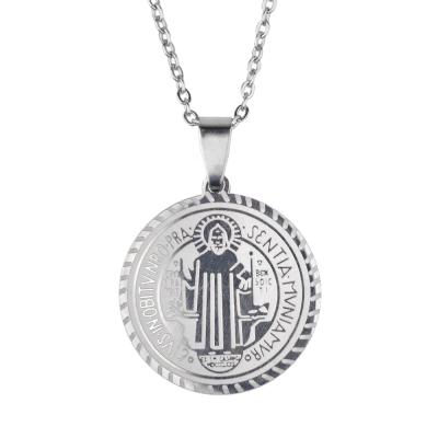 China Catholic St Benedict Pendant Necklace Metal 28mm Stainless Steel Religious Medal Jewelry Charm for sale