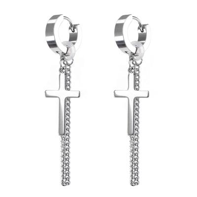 China Religious Stainless Steel Cross Pair Dangle Hinged Piercing Circle Earrings For Women Men for sale