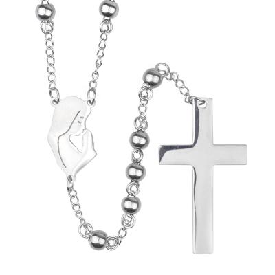 China Stainless Steel Rosary 6mm Stainless Steel Beads Prayer Religious Silver Jewelry Catholic Cross Necklace for sale