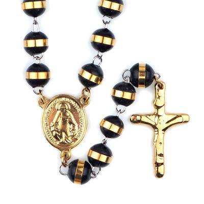 China Religious Catholic Black Golden Virgin Mary Religious Cross Prayers Rosary 8mm Stainless Steel Beads Necklace for sale