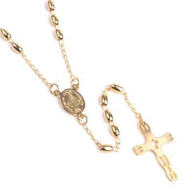 China LineAve Religious Women Gold Plated Stainless Steel Catholic Rosary Oval Beads Cross Necklace for sale