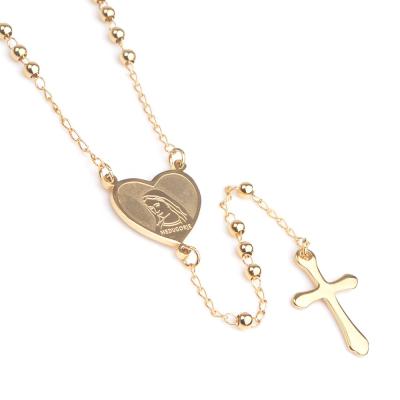 China Religious Gold Plated Stainless Steel Necklace With Virgin Mary Engraved Heart Catholic Women Rosary for sale