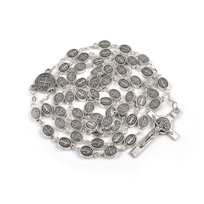 China Antique Silver Plated 8x6mm St Benedict Beads Chain Rosary Metal Necklace for sale