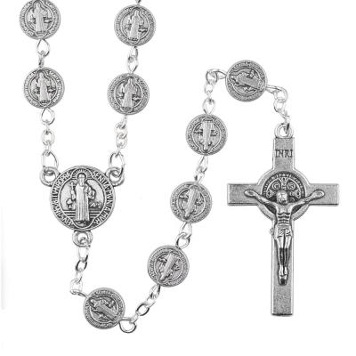 China Religious Religious Necklace With Flat St Benedict Catholic Chain Rosary Of Cross 8mm Alloy Metal Beads for sale