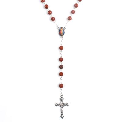 China Chain Link Won't Easily Break Catholic Women Jesus Red Jasper Rosary 6mm Divine Natural Stone Beads Rosary Necklace For Girls for sale