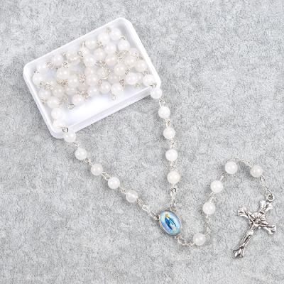 China Chain Link Won't Easily Break Natural 6mm Jade Stone Rosary Catholic Saint Mary Centerpiece White Quartz Beads Rosary Necklace for sale