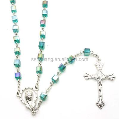 China Crystal Square Bead Rosary Chain Ab Color Religious Catholic Rosary Cross Pendant Necklace for sale