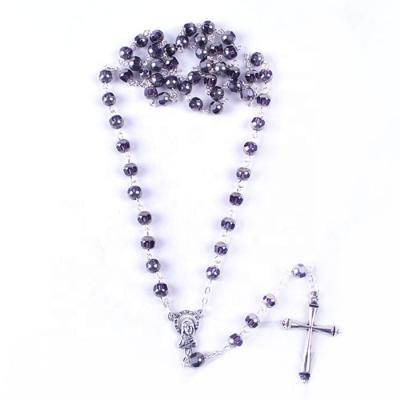 China Religious Religious Quality Plated 6mm Glass Beads Rosary Fashion Catholic Necklace With Cross for sale