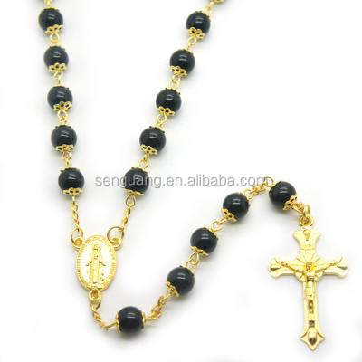 China Religious Black Glass Imitation Pearl Beads Gold Chain Catholic Hat Rosary Necklace for sale