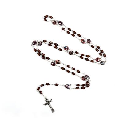 China Catholic Religious Handmade Exquisite Wooden Beads 9x6mm Rosary Necklace With Cross Pendant for sale