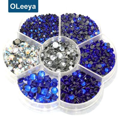 China Oleeya Cheap Factory Wholesale Glass Mixed Szes Sapphire DMC Fix Gem Stones Packed In Flower Hot Box Iron On Suits for sale