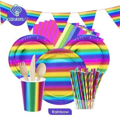 China Festival Decoration Carnival Holiday Party Supplies Disposable Tableware Letter Balloon Cups Dish Set Dark Rainbow Paper Plates for sale