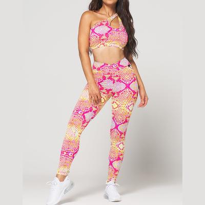 China Breathable Fitness Clothing Women's High Elastic Yoga Wear Snakeskin Printing Two Piece Gym Fitness Set Girls Yoga Set for sale