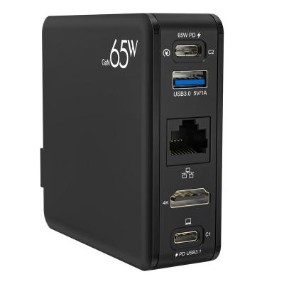 China PD 65W Fast Charger with Docking Station 5 in 1 Type-C Quick HDMI USB3.0 RJ45 65W GaN Powerhub USB C PD QC Charger GaN Docking Station for sale