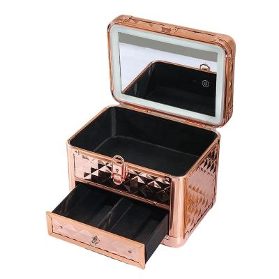 China Fashion Amazon Best Selling Luxury Travel Suitcase Makeup Storage Case Jewelry Box Strip Mirror LED Light Luxury Train Case for sale