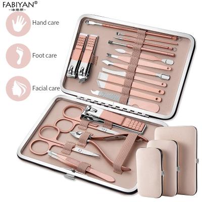 China 18pcs Right Handed Scissors PU Velvet Color Beige Leather Manicure Set With 3 Different Size Shape for sale