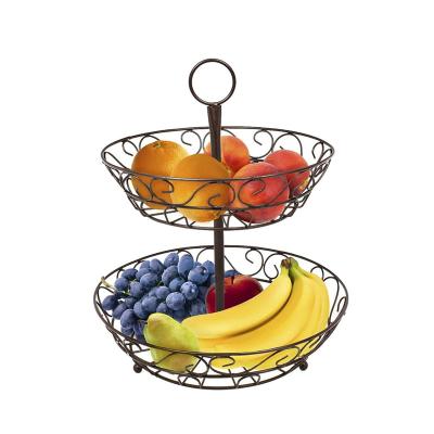 China Sustainable Countertop Fruit Basket Bowl Rack 2-Tier Round Wire Fruit Storage Basket for sale