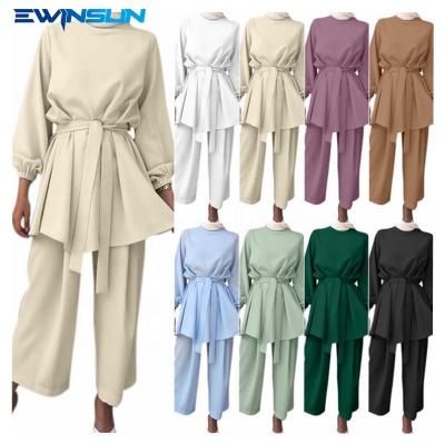 China Sustainable Fashion Muslim Dress With Belt Abaya Arabian Costume Muslim Women Clothing Stacked Top Pants Long Sheath Womens Two Piece Set for sale